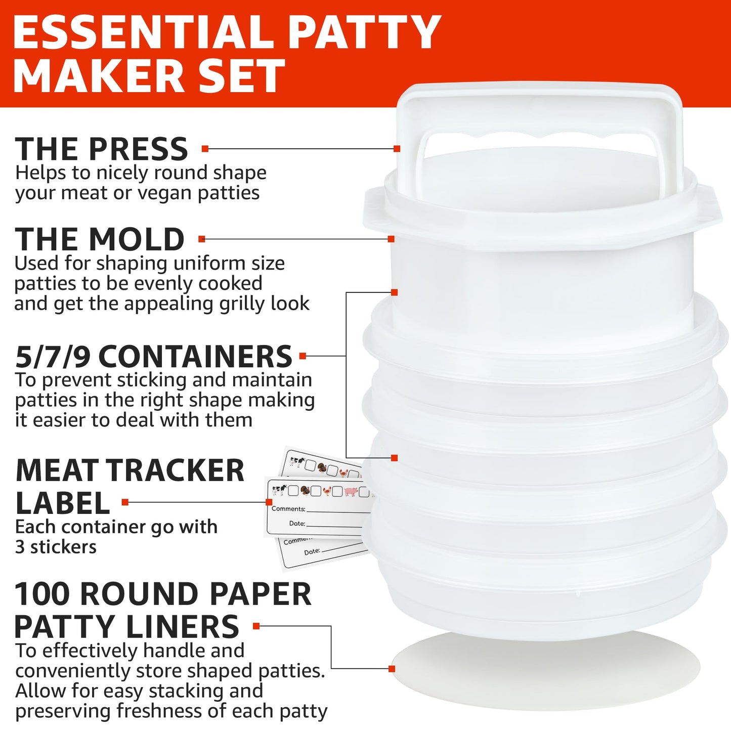 Mission Gallery Hamburger Press Patty Maker - 4 in1, Burger Mold, Patty Press, 7 Storage Containers, 100 Round Papers - Hamburger Patty Maker Tool for BBQ - Burger Shaper for Meat, Veggie Patties