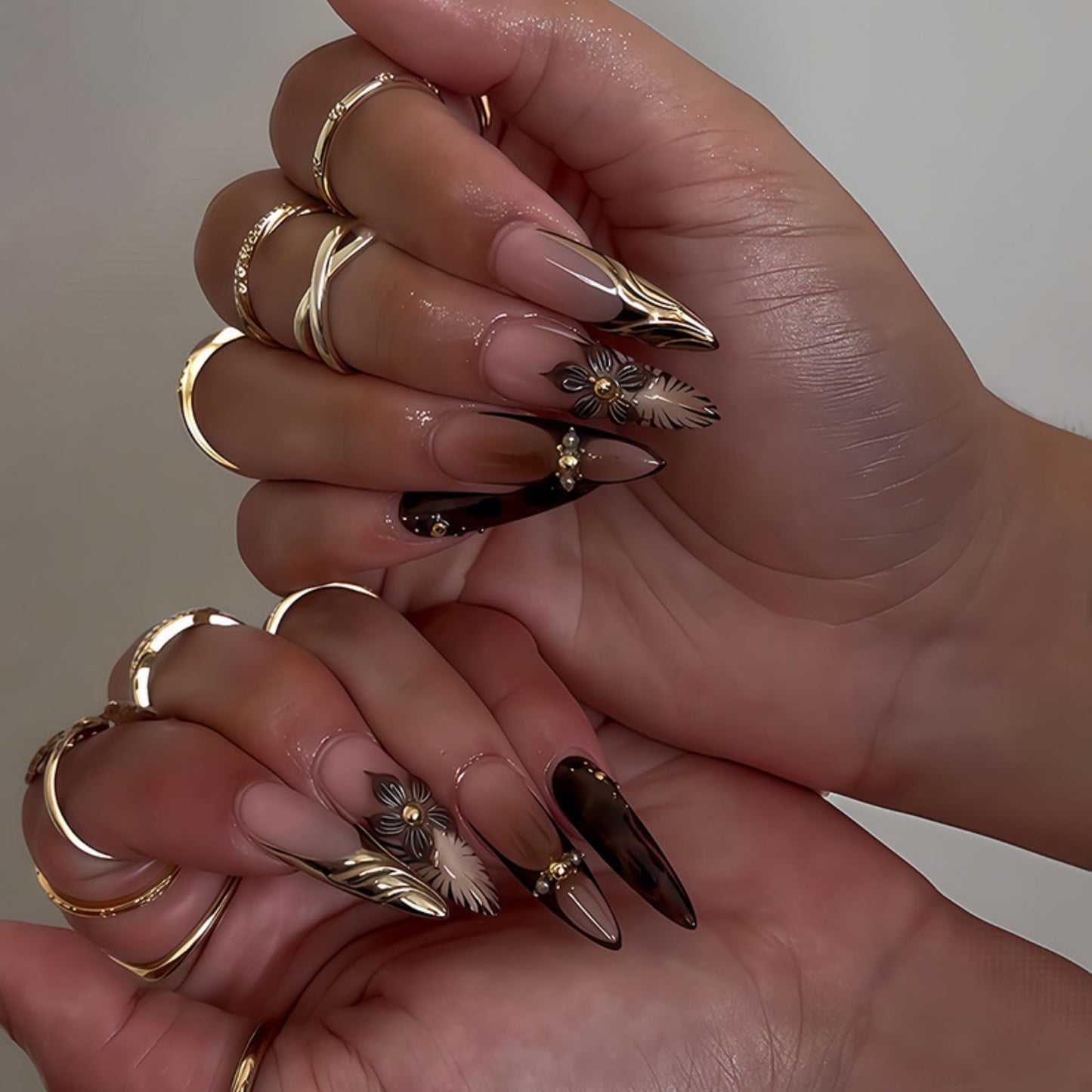 Almond Press on Nails Long Fake Nails Seeneey Brown Artificial Nail Gold Charm and 3D Flowers Designs Tortoise Shell Stick on Nail for Women 24pcs