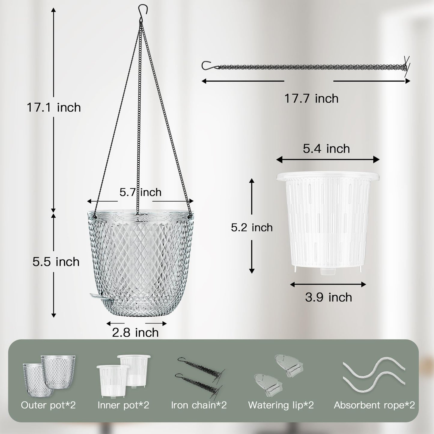 QCQHDU Hanging Planters for Indoor Plants, 2-Pack 5.7 Inch Self Watering Hanging Pots, Plastic Plant Hanger with Drainage Holes and 3 Hooks Chains for Garden Home (Clear)