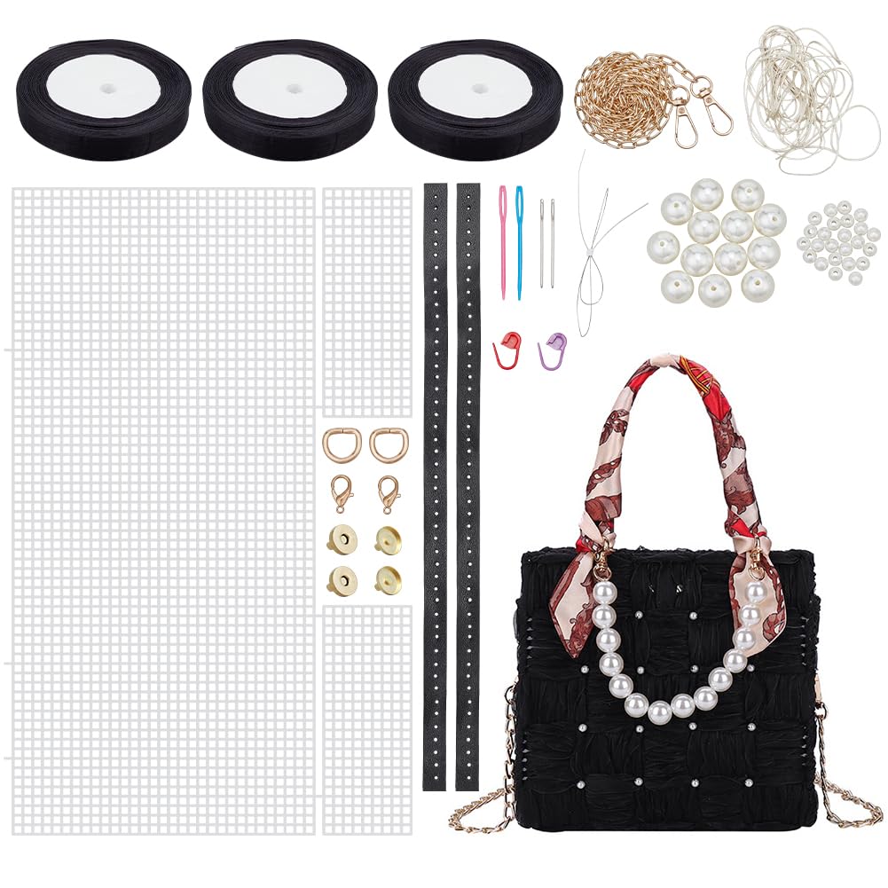 WADORN DIY Knitting Crochet Handbag Kits, Handmade Woven Bag Making Cross Stitch Mesh Plastic Canvas Sheets Set Hand-Knit Craft Shoulder Bags Needlepoint Kit with Ribbon Materials, Black