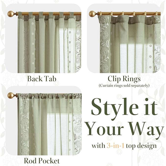 jinchan Winslow Sage Sheer Curtains 84 Inch for Bedroom Living Room Embroidered Bordered Floral Nursery Curtains for Playroom Dorm Light Filtering, Ivory on Sage, 2 Panels, 50W x 84L