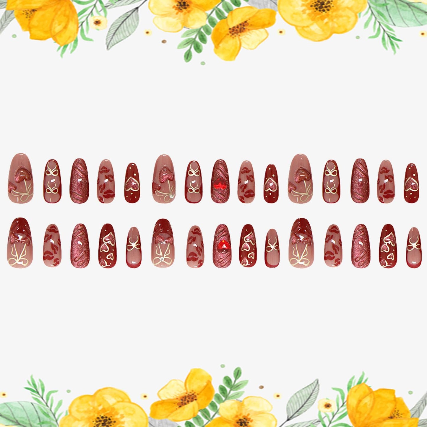 Press on Nails Medium Oval Artificial Acrylic Fake Nails French Red 3D Cherry Hollow Bow with Love Heart Rhinestones Stick on Nail Full Cover Reusable Coffin Artificial Fingernails for Women Manicure