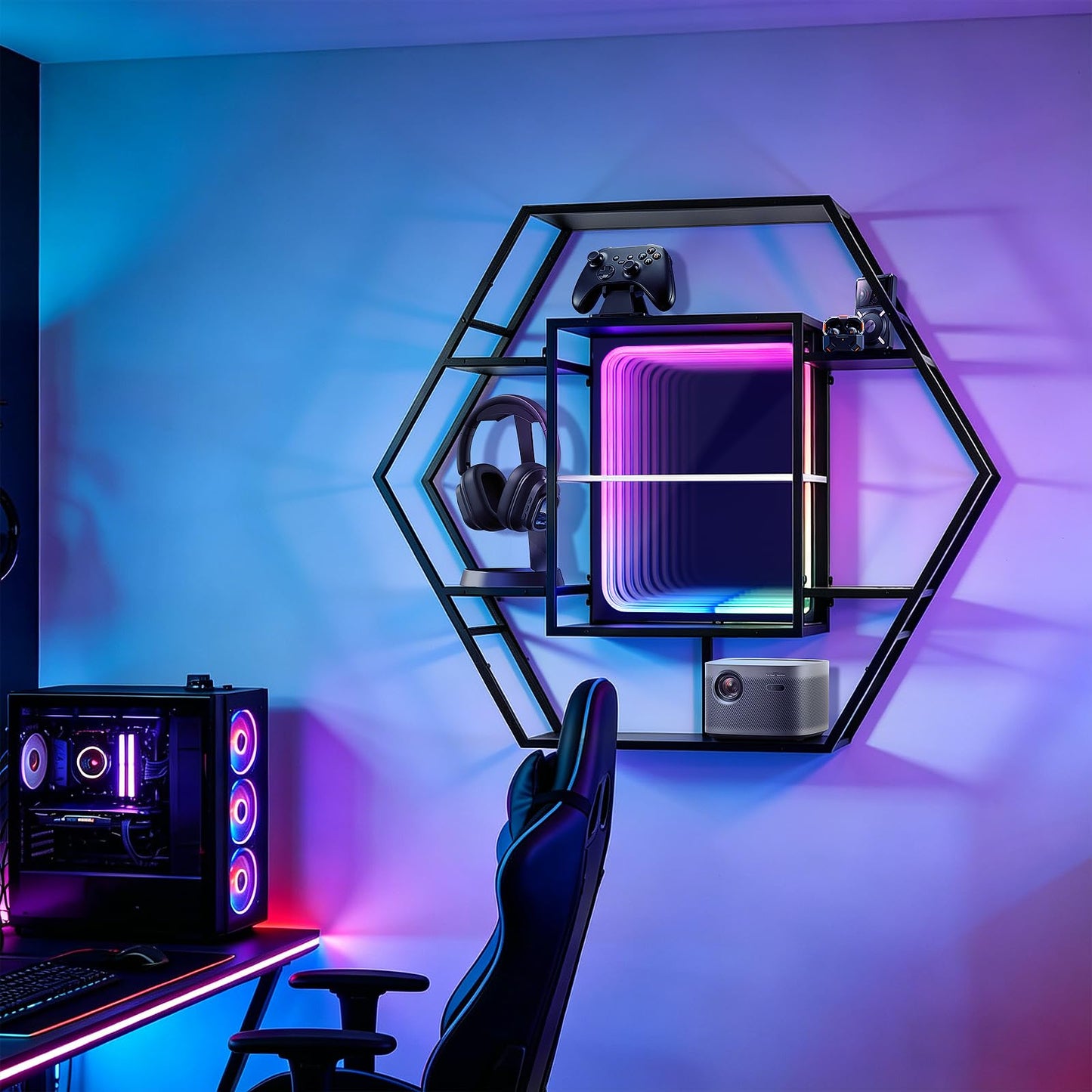 FUSLITE Infinity Mirror Gaming Floating Shelves with LED Lights, Hexagon Wall Mounted LED Shelf with RGB App Control, 36.6" Large Display Rack for Gaming Room Decor, Action Figures, Collectibles