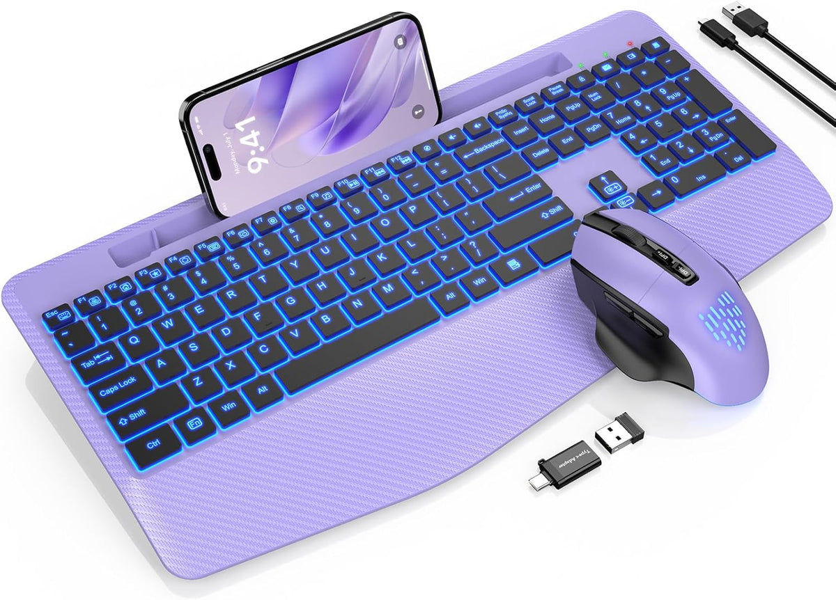 Wireless Keyboard and Mouse Backlits, Wrist Rest, LED Mouse, Rechargeable Ergonomic Keyboard with Phone Holder, Silent Light Up Combo for Computer, Mac, PC, Laptop, Chromebook (Purple)