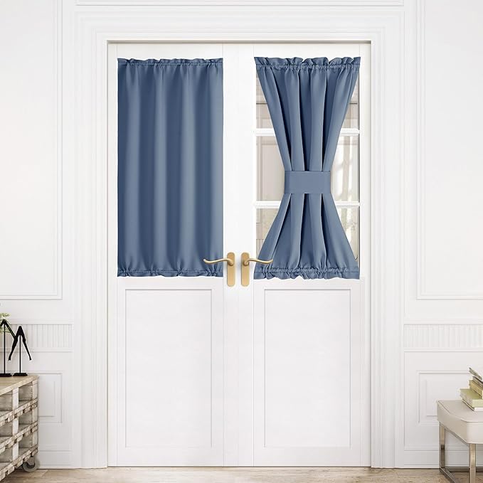 NICETOWN French Door Curtain for Door Window, Rod Pocket Thermal Short Curtain for Glass Patio Kitchen Window, 30 X 40 Inches Long, 1 Panel with Tieback, Stone Blue