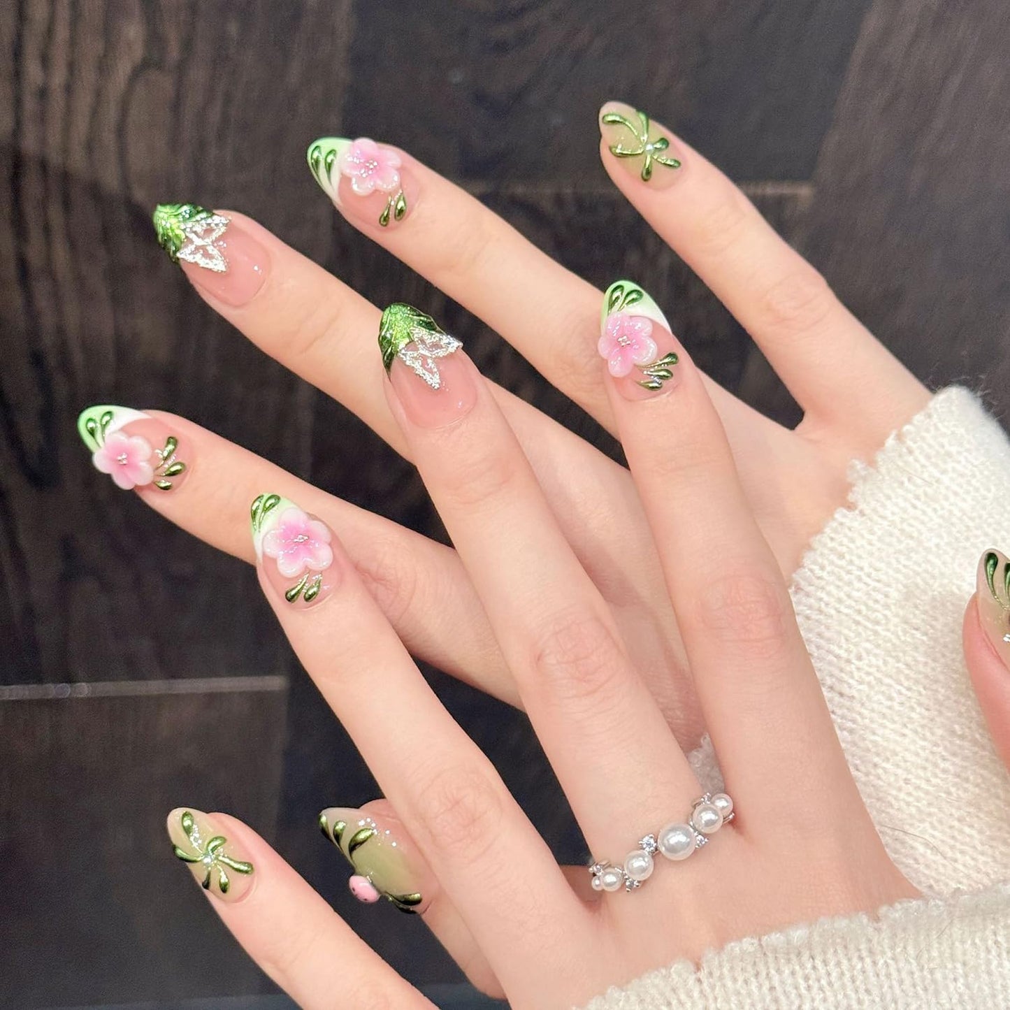 Luxury Press on Nails Medium Almond Handmade 3D Unique Reusable Gradient Flowers Fake Nails French Tip False Nails with Designs Butterfly Glossy Glue on Nail Thick Acrylic Nail for Women10Pcs（S)