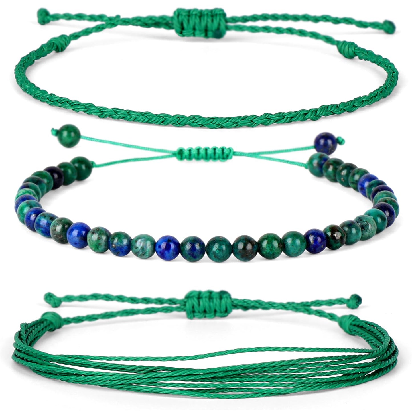 QOGIR Handmade Healing Stones Bracelets, 4mm Natural Chrysocolla Lapis Beaded Bracelets for Men Women Gifts with 2PCS Size Adjustable Rope Bracelets