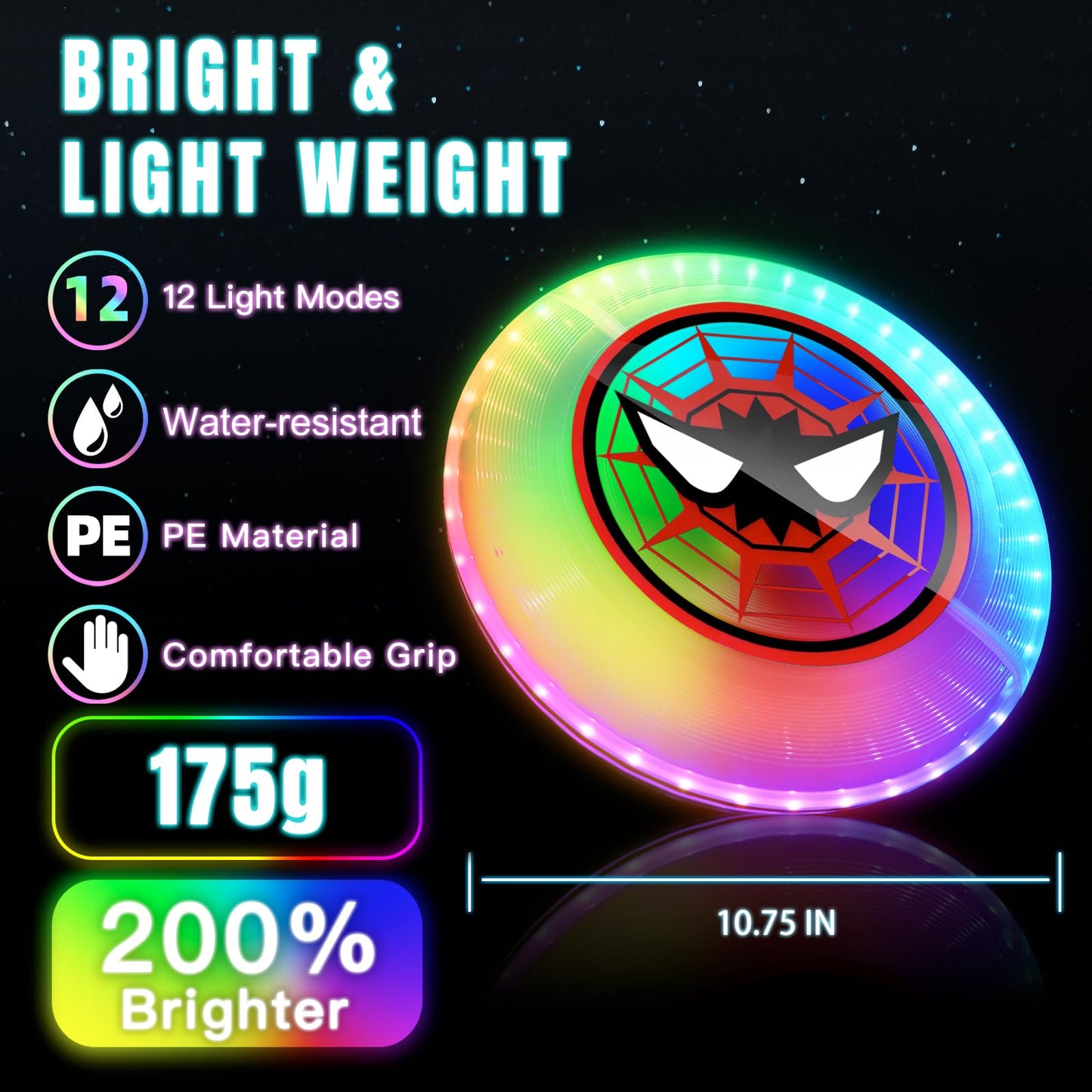 LED Flying Disc with Millions of Colors, Rechargeable, Water-resistant, 42 LEDs, 175g Light Up Disc, 12 Modes, Spider Outdoor Toys for Kids Ages 4-8, Camping Equipment Beach Toys for Adults Boys Teens