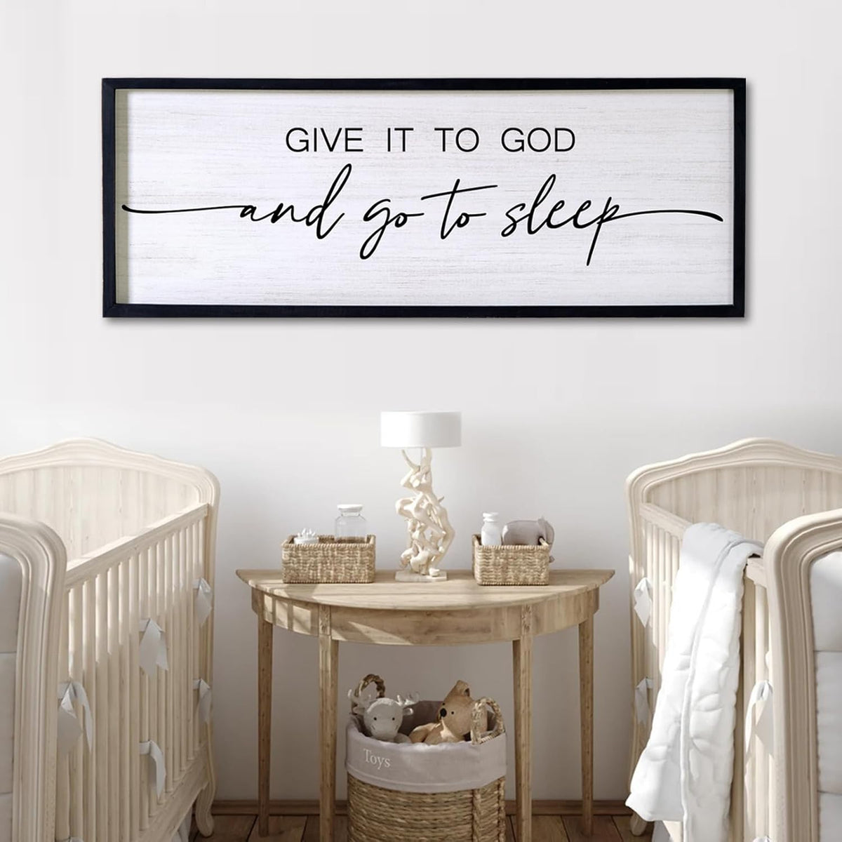 Give It to God and Go to Sleep Decorative Rustic Sign & Plaque Framed Wall Art for Couples, 40''×15'' Cottagecore Wooden Horizontal Wall Decor Above Bed, Vintage Farmhouse Wedding Gift for Bedroom