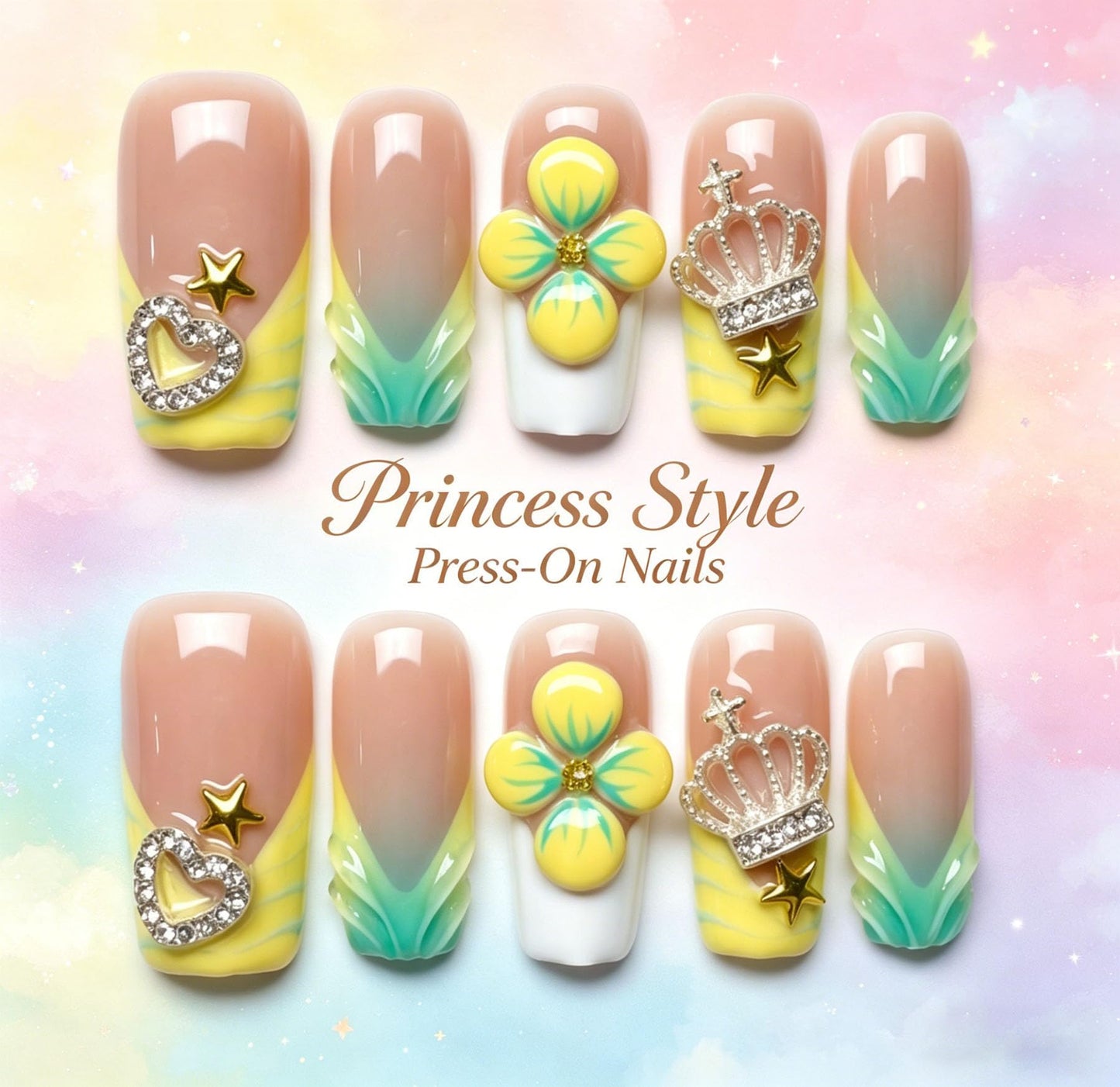 Handmade Press on Nails Square 3D Cute Glue on Nails for Women, Luxury Homemade Press on Nail Art Design, Fake Nails with 3D Nail Charms Size M 5