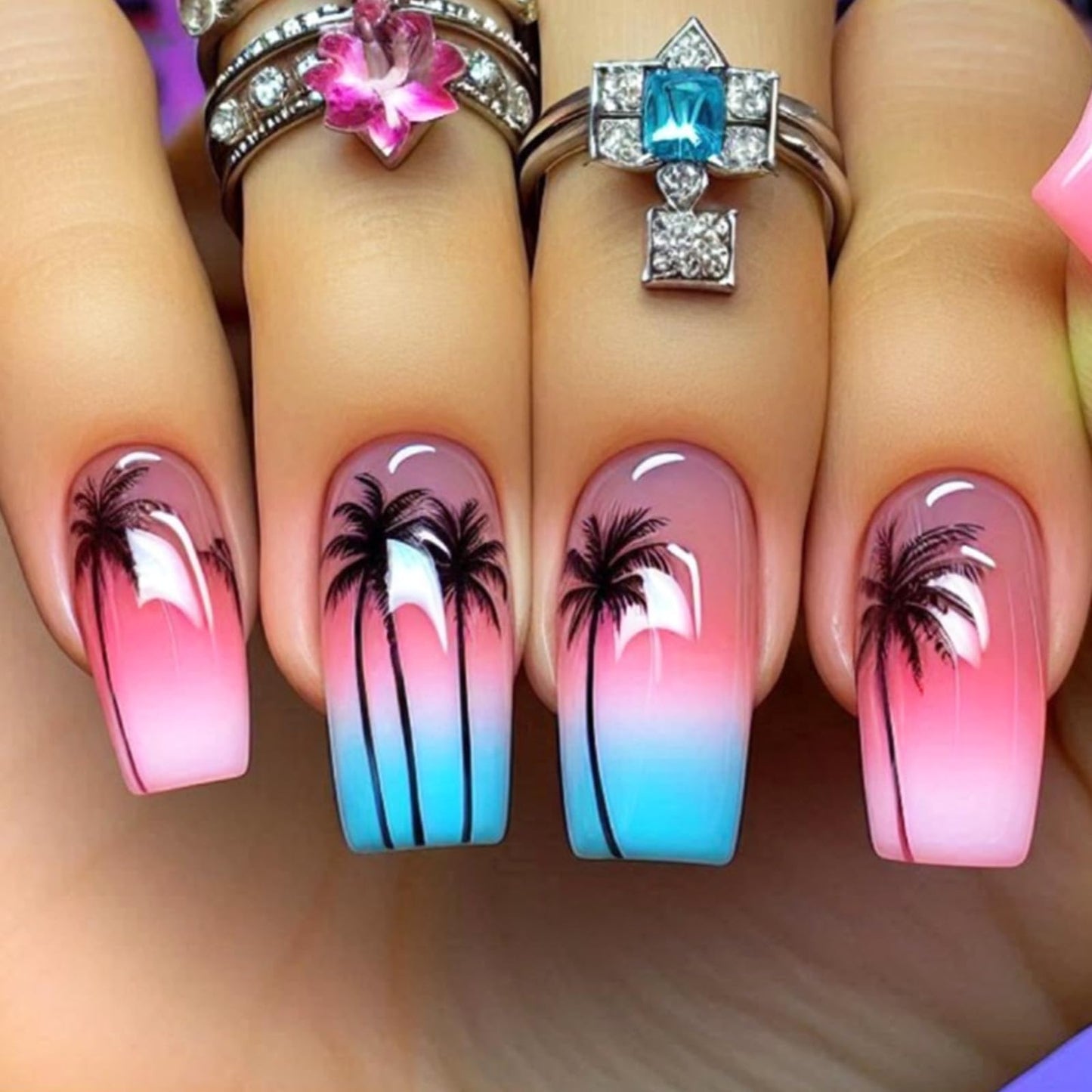 Summer Press on Nails Medium Coffin Fake Nails with Coconut Trees Design Glue on Nails Pink Sky Blue Sea False Nails Glossy Full Cover Stick on Nails Acrylic Artificial Nails for Women 24Pcs