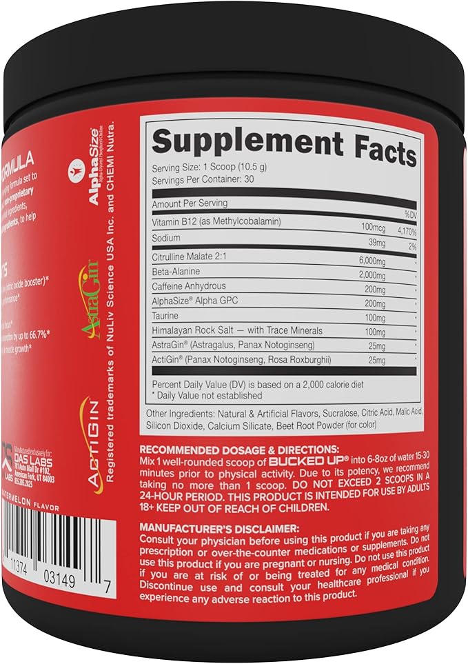 Bucked Up Pre Workout 6 Grams Citrulline, 2 Grams Beta Alanine, and 3 Other Registered trademarked Ingredients (Watermelon)