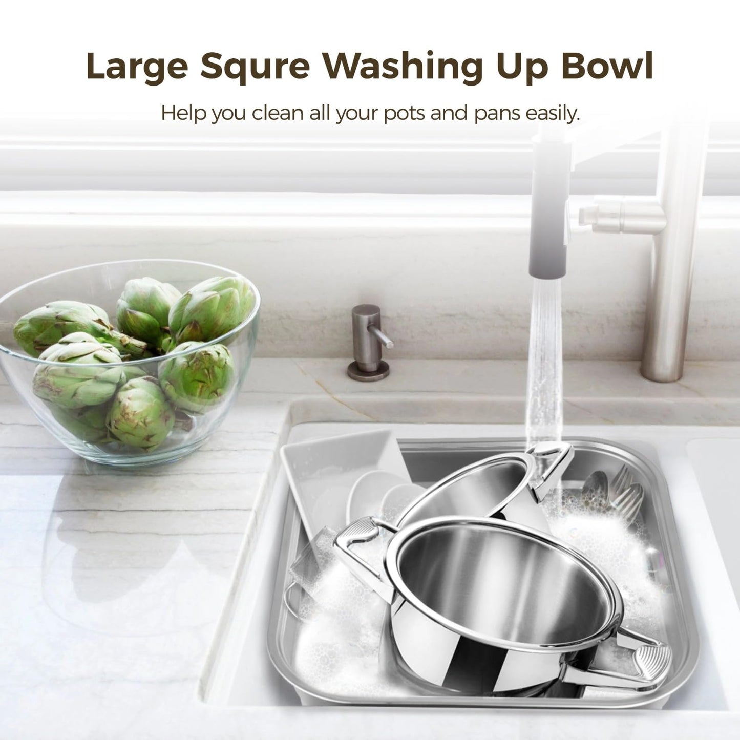 yeesport Stainless Steel Washing Up Bowl, Multi-Purpose Dish Tub for Sink, Large Square Container for Kitchen, Vegetable Washing Basin, Durable Dishpan for Home