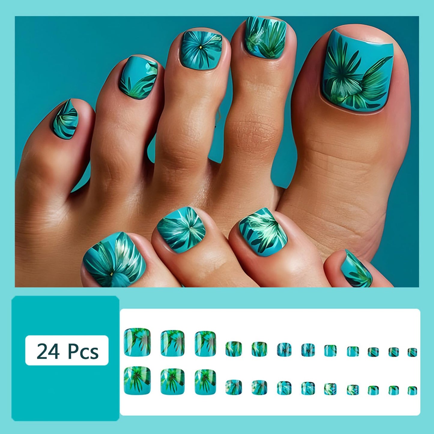 Summer Press on Toenails Short Square Fake Toe Nails with Coconut Tree Leaves Design Glossy Blue Glue on Toe Nails Green Leaf False Toenails Full Cover Acrylic Toenails for for Women
