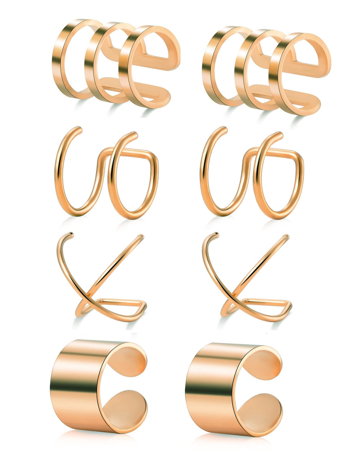 Tornito 4-10 Pairs Stainless Steel Ear Cuff Helix Cartilage Clip On Wrap Earrings Fake Nose Ring Non-Piercing Adjustable (A5: 4 Pairs, Rose Gold Tone)