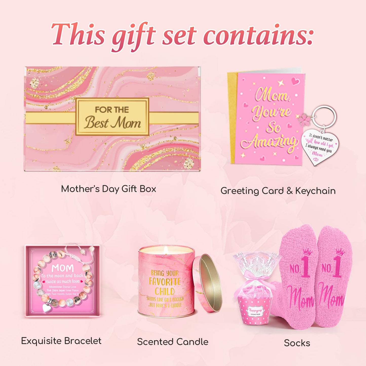 Mothers Day Gift for Mom - 5pc Gift Set Bundle with Scented Candle, Bracelet, Socks, Birthday Christmas Presents from Daughter Son, 5-Item Box