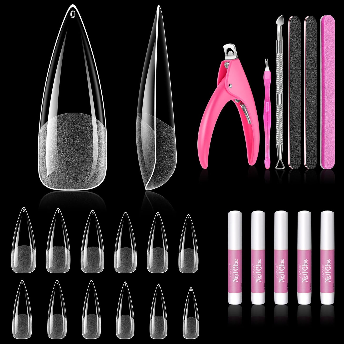 Clear Stiletto Nail Tips Long, MORGLES 480PCS Acrylic Nail Tips Full Cover 12 Sizes (0–11) with Nail Glue, Cutter, Files & Cuticle Tools