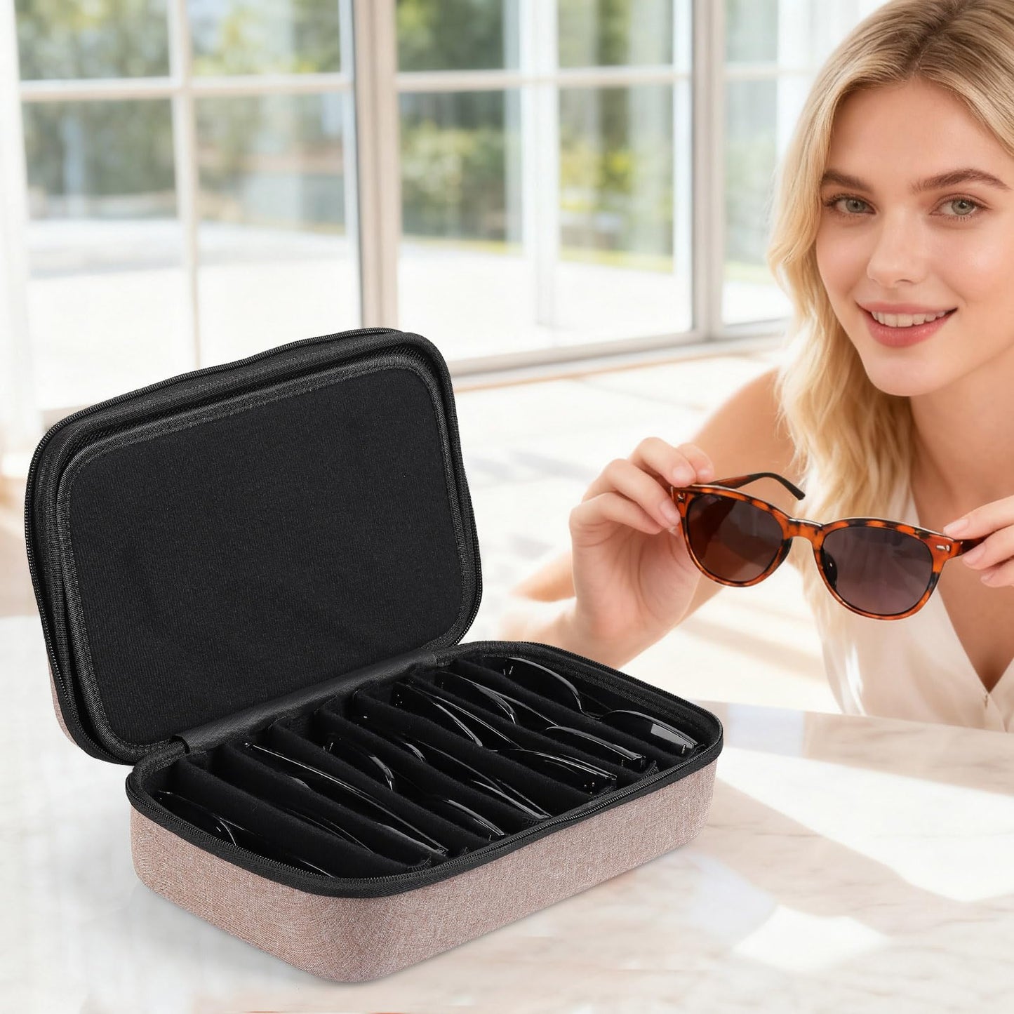 AUTOARK EVA Hard Shell Travel Eyeglasses Case,7 Adjustable Dividers,Holds 8 Glasses,Felt Lining,Fits Large Sunglasses,Zipper Closure Storage Box for Men/Women,Brown,MKAW023
