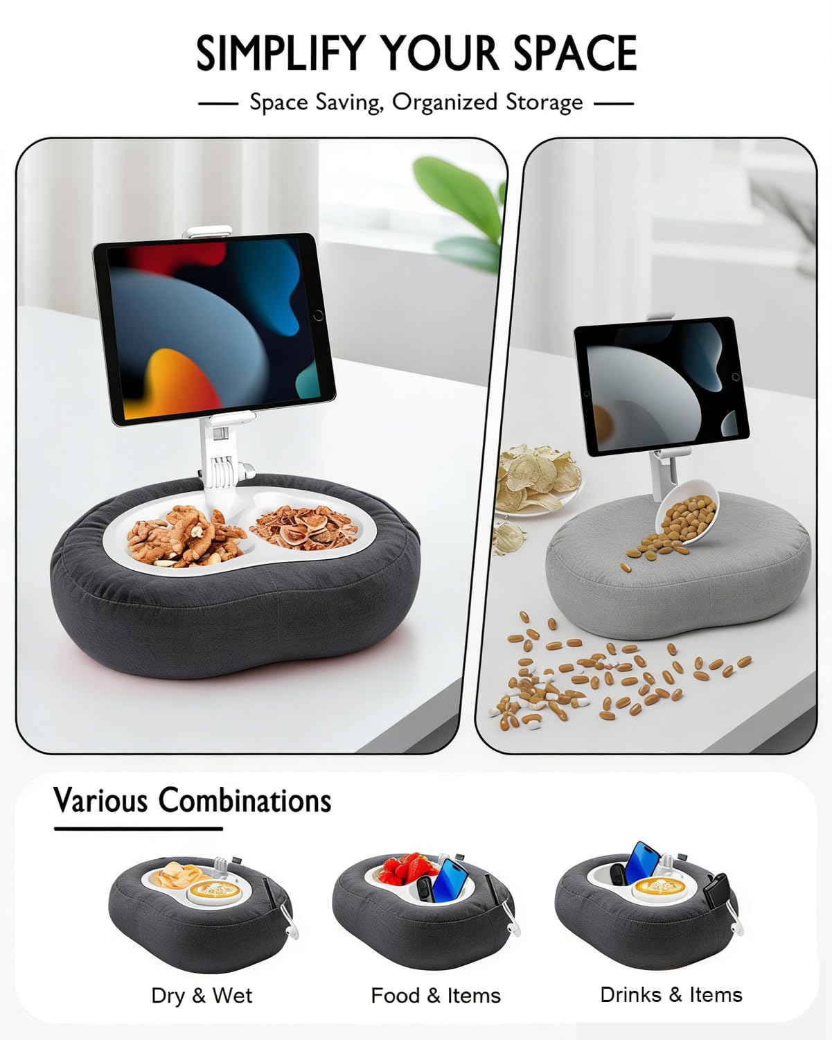 Miledi Tablet Pillow Stand, Compatible with 4.7"-12.9" Kindle, iPad, Phone/Tablet, 360° Rotating Phone Holder for Bed, Detachable Bowl, Reading and Relaxation on Bed (Black)