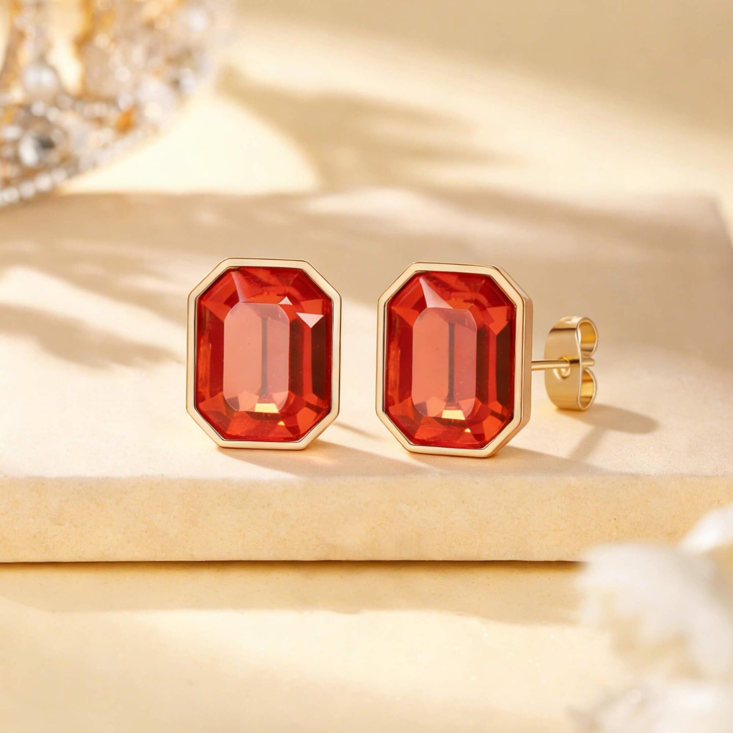 Austrian Crystal Octagon Stud Earrings for Women Fashion 925 Sterling Silver Post Hypoallergenic Jewelry (Red)