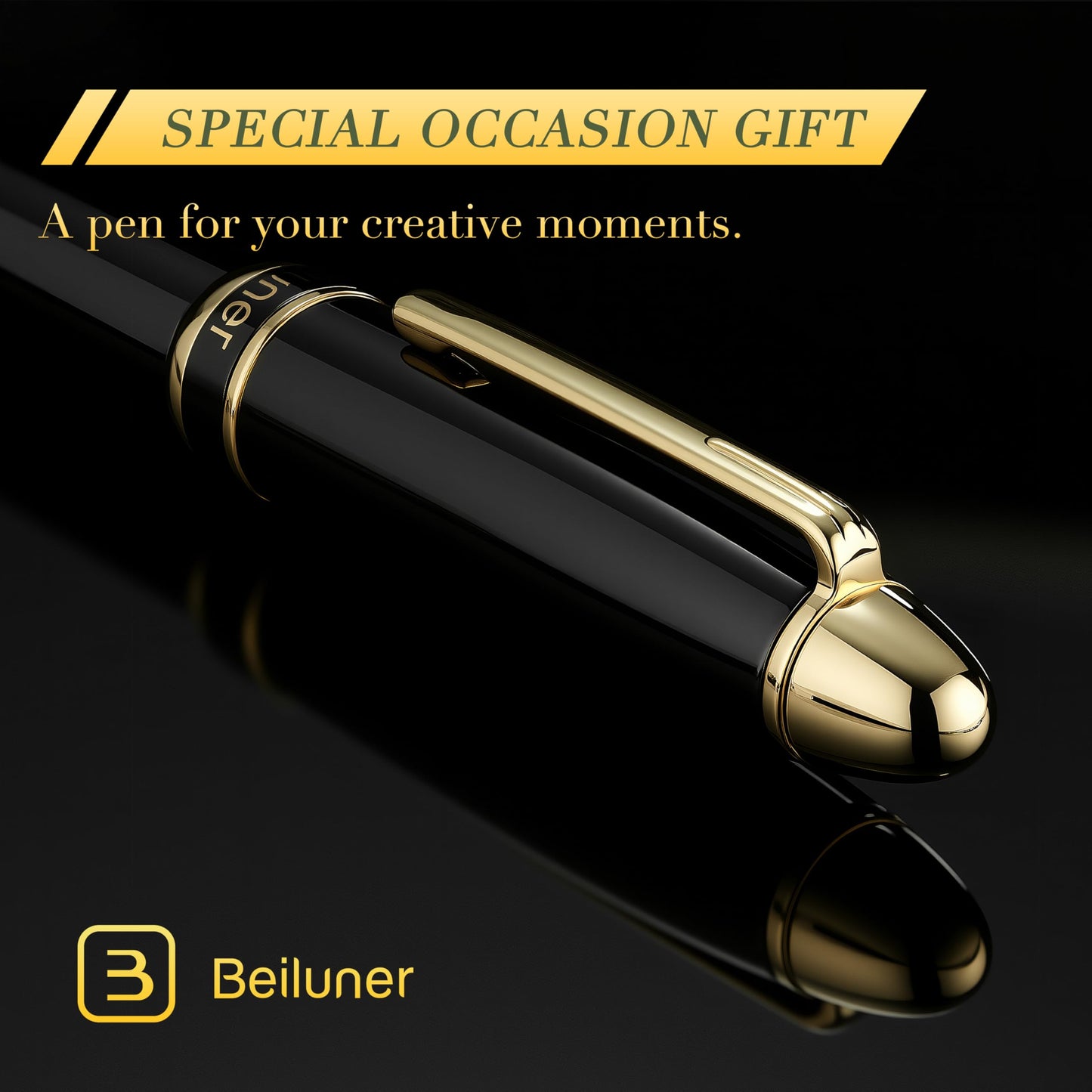 BEILUNER 315 Black Fountain Pen,Stunning Luxury Pens with 24K Gold Accents, Gorgeous 24K Gilded Nib(Fine), Ink Converter,Fancy Pen Gift for Men&Women-Elegant, Office, Graduation, Nice Design