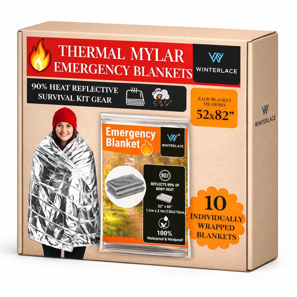 Winterlace Emergency Mylar Blankets (10 Pack) Thermal Foil Survival Rescue Disaster Outdoor Hiking Lightweight (10)