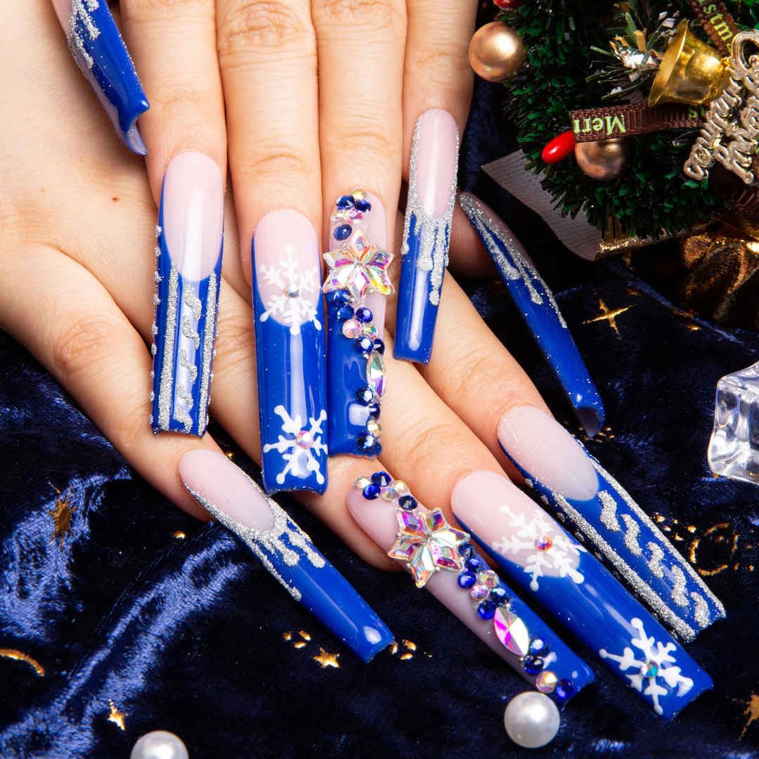LOVFUL Press on Nails Snow Waltz Blue French Tip| Handmade with Full Covered Crystals | Reusable Fake Nails | Square Long 2.2 in | H140-M