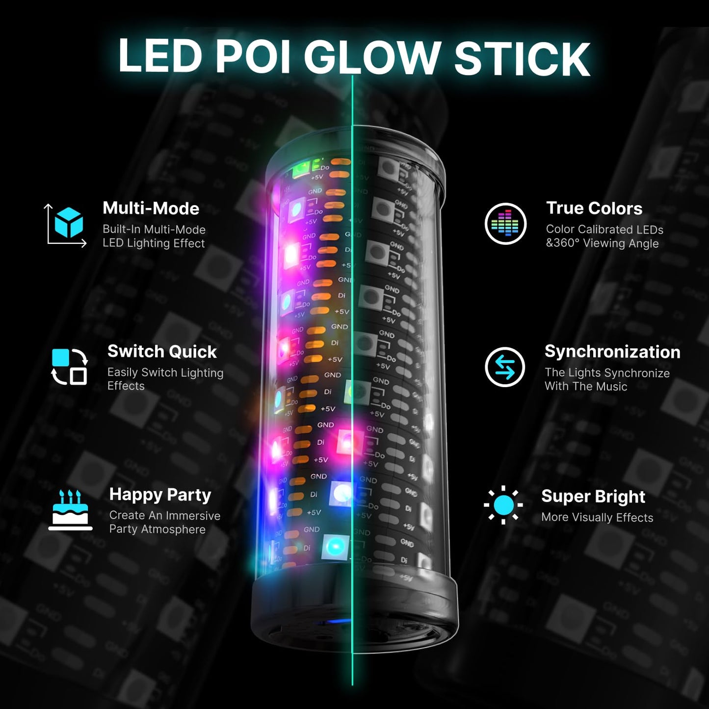 POILOVES LED Poi Stick, 241 Light Modes USB Rechargeable Magic Glow Stick with Customizable Colors, Profound Visual Effect for Flow Arts Rave Festival Performance
