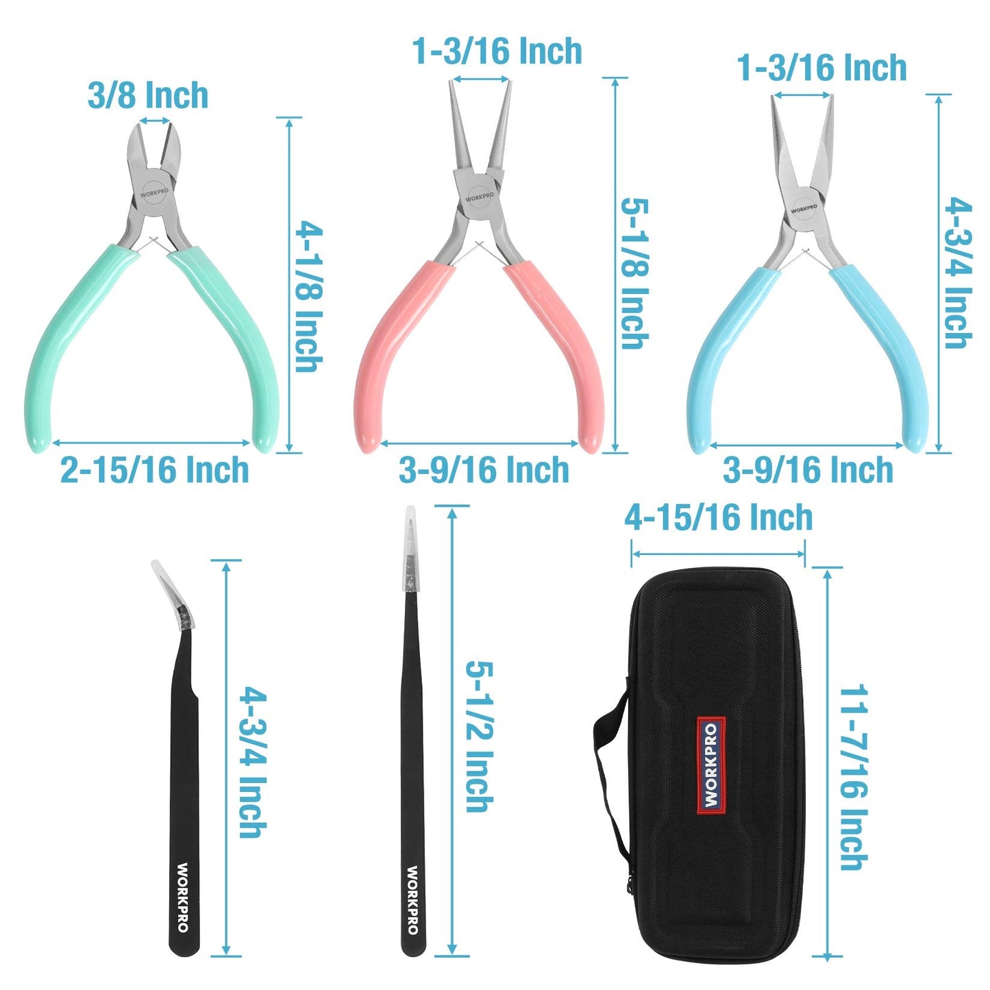 WORKPRO 5-Piece Jewelry Pliers Kit - Round Nose, Chain Nose, Wire Cutters, Pointed & Curved Tweezers, Case Included