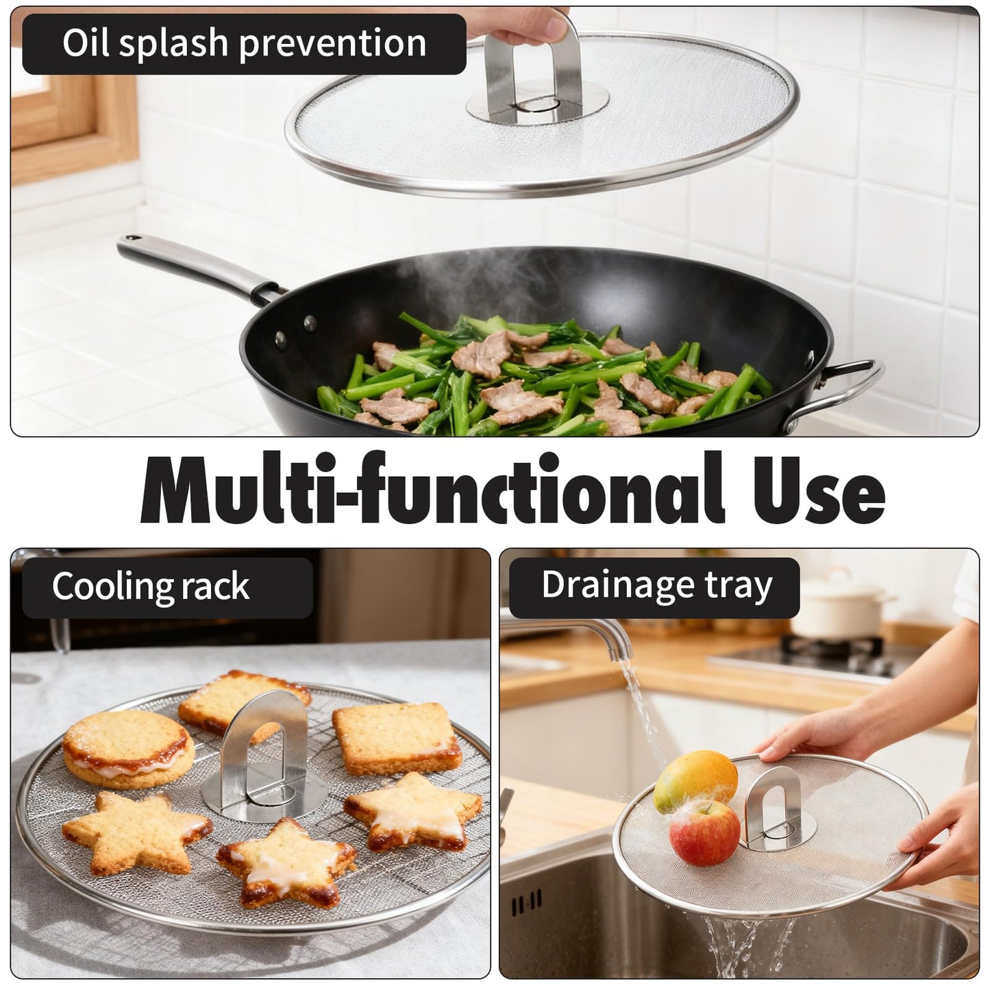 MOAMUN 4PCS Splatter Screen for Frying Pan, Stainless Steel Grease Splatter Guard, Hot Oil Splatter Screen with Foldable Knob, Ultra-Fine Mesh No Burns Keeps Kitchen Clean(8", 10", 11.5", 13")