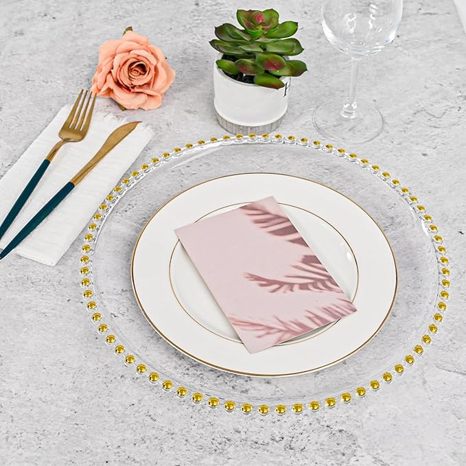 24 PCS Clear Round Charger Plates with Beaded Rim, 13 Inch Plastic Acrylic Plate, Plastic Round Beaded Dinner Decorative Service Plates for Wedding Party Event, Home Kitchen Tabletop(Gold)
