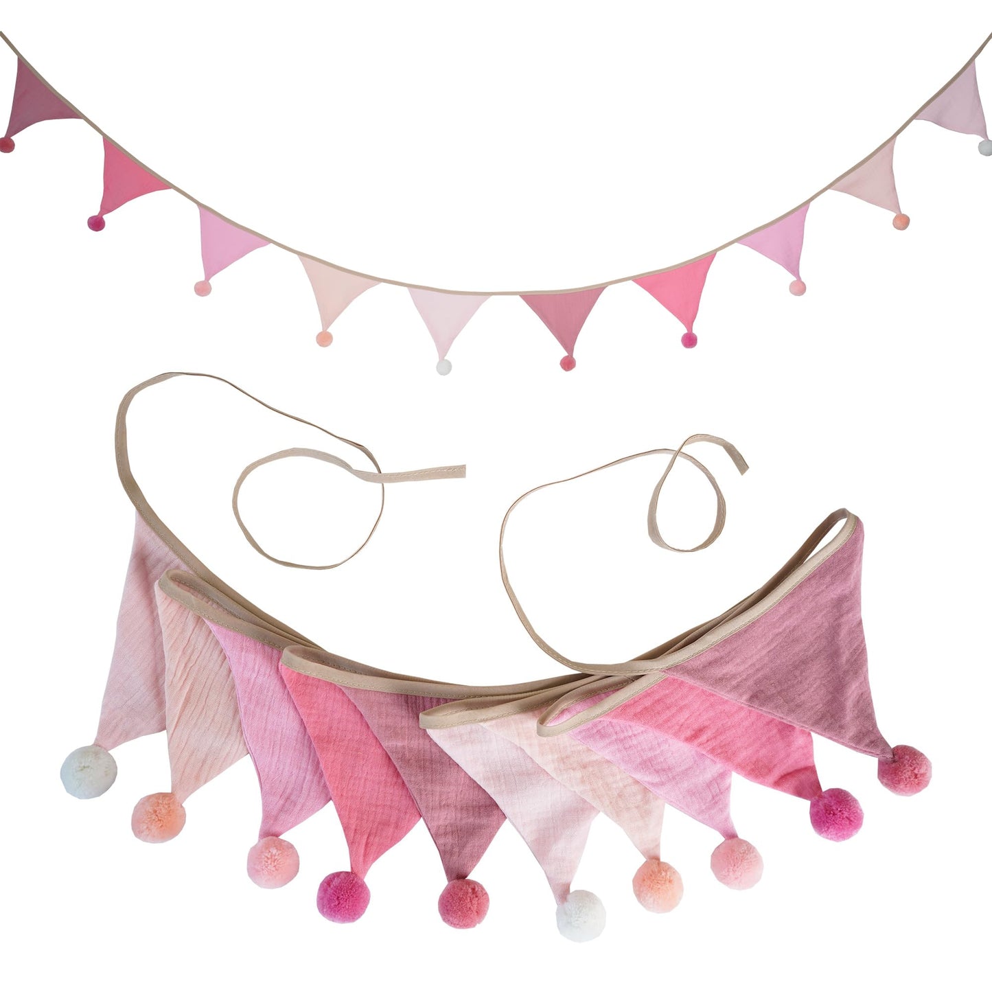 Fabric Bunting Banner, 2 Pack Handmade Neutral String Banner with Felt Ball Each 8.5 ft 10 Flags Nursery Wall Hanging Wedding Birthday Home Baby Shower Party Decoration Bunting (Pink 2 Pack)