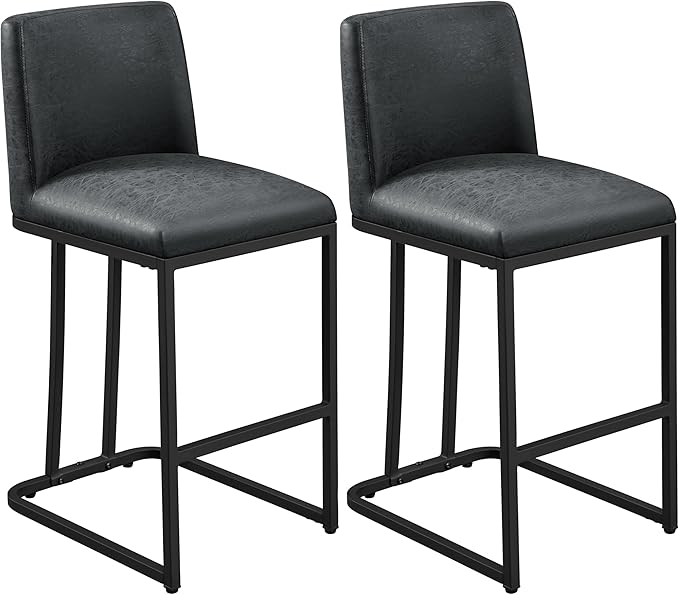 Yaheetech Bar Stools Set of 2, Counter Height Kitchen Stools 24'' Modern Leather Upholstered Bar Chairs with Back and Metal Legs for Kitchen Counter, Dark Gray