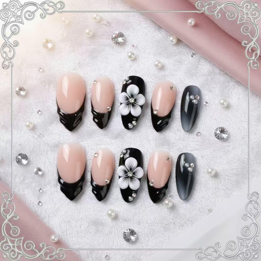 MikaJayboo Almond Press on Nails Medium Handmade Nude Base with Black French Tip Fake Nails with 3D White Flower & Rhinestone for Women Glue on Nails for Daily Party10Pcs(Size M)