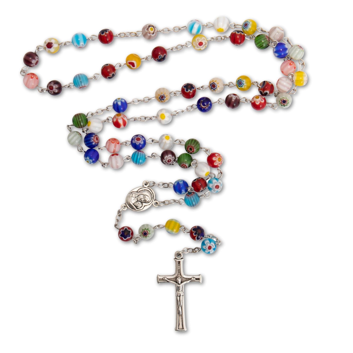Nazareth Store Murano Glass Rosary Necklace Handmade Multicolor Millefiori Beads Rosario Holy Soil Medal and Cross Crucifix