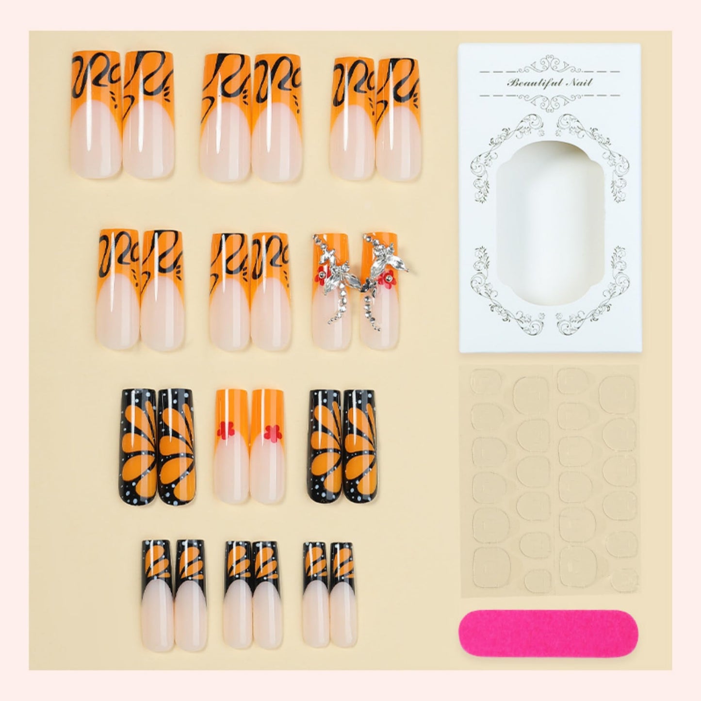 Long Press on Nails Square Fake Nails Orange Acrylic Nail Press Ons Seeneey Black Butterfly and Silver Charm Designs Flowers Stick on Nail for Women 24pcs