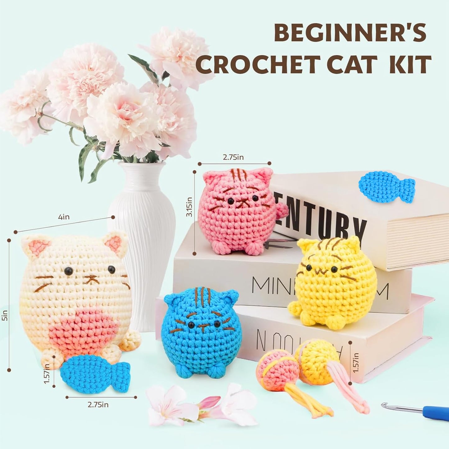Crochet Kit for Beginners - Learn to Crochet 4 Adorable Cat Amigurumi with Step-by-Step Video Tutorial and Easy Peasy Yarn, Complete Starter Kit for Adults Kids, DIY Craft Gift for Birthday Christmas