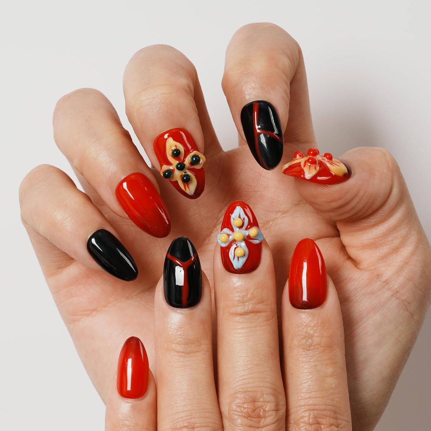 Tesytto Handmade Press on Nails Almond Shape Glossy Reusable False Nails for Nail Art (Crimson Flame Shadow, S)