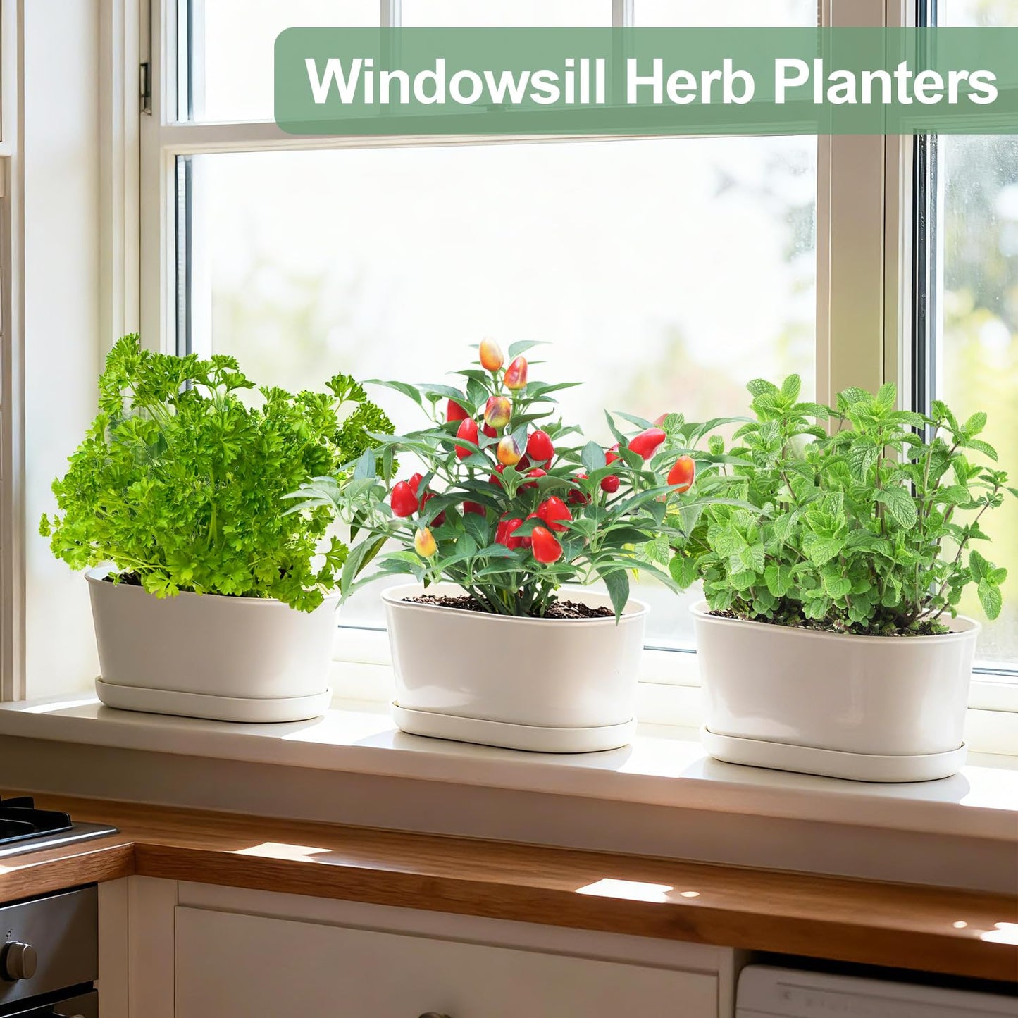 Oliz Set of 4 White Oval Window Sill Planters with Drainage Holes and Trays（7 Inch） for Herbs Basil Orchids Succulents, Modern Herb Garden Planter for Indoor/Outdoor Plants