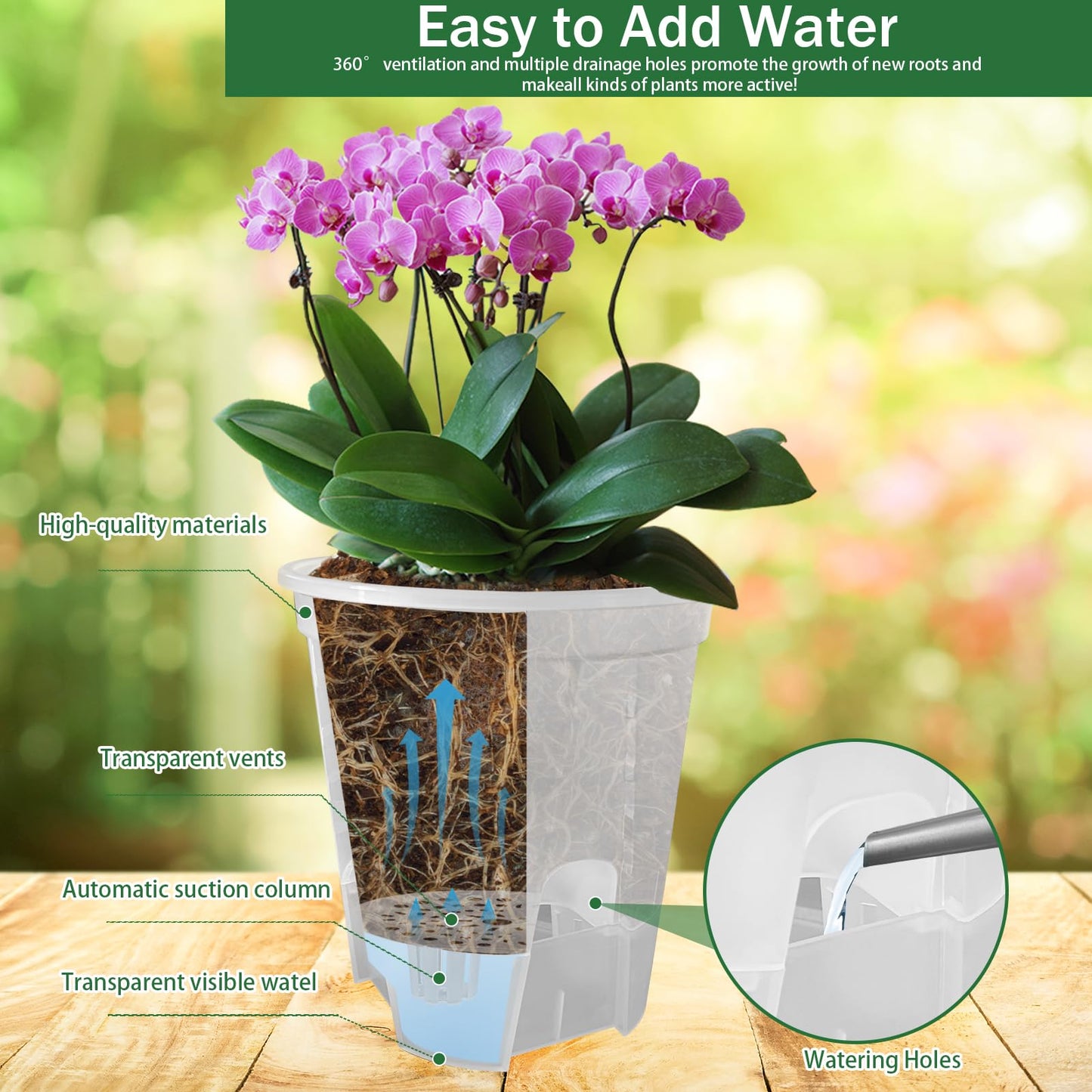 Cdd's Path 5-Pack 6 Inch Self Watering Naked Root Planter Pots with Drainage Holes & Reservoir, Plastic Planters with Air Pipes for Indoor Outdoor Plants，Clear