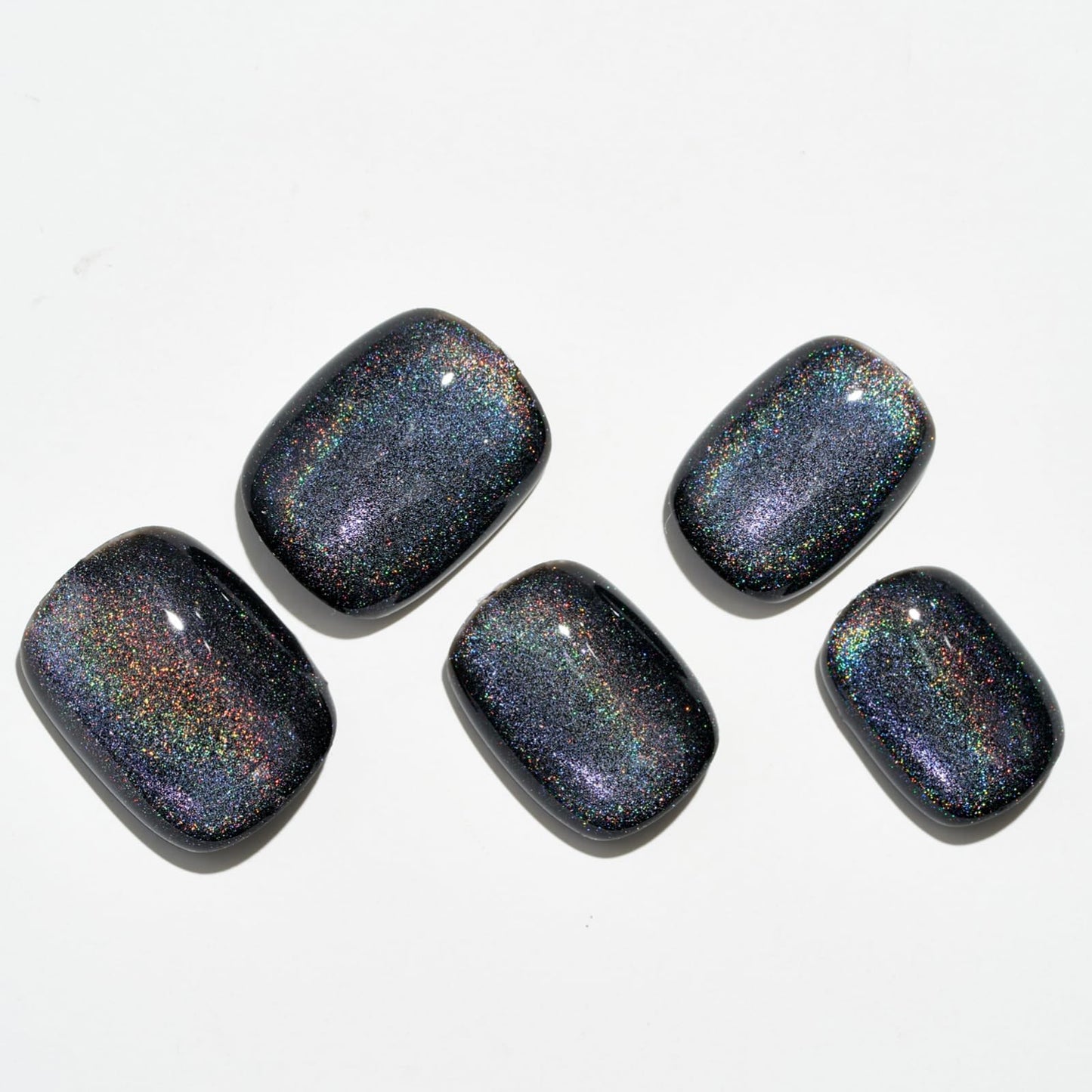 GLAMERMAID Press on Nails Extra Short Squoval, Handmade 2 Packds Pearl Chrome & Black Rainbow Gel Glue on Nails