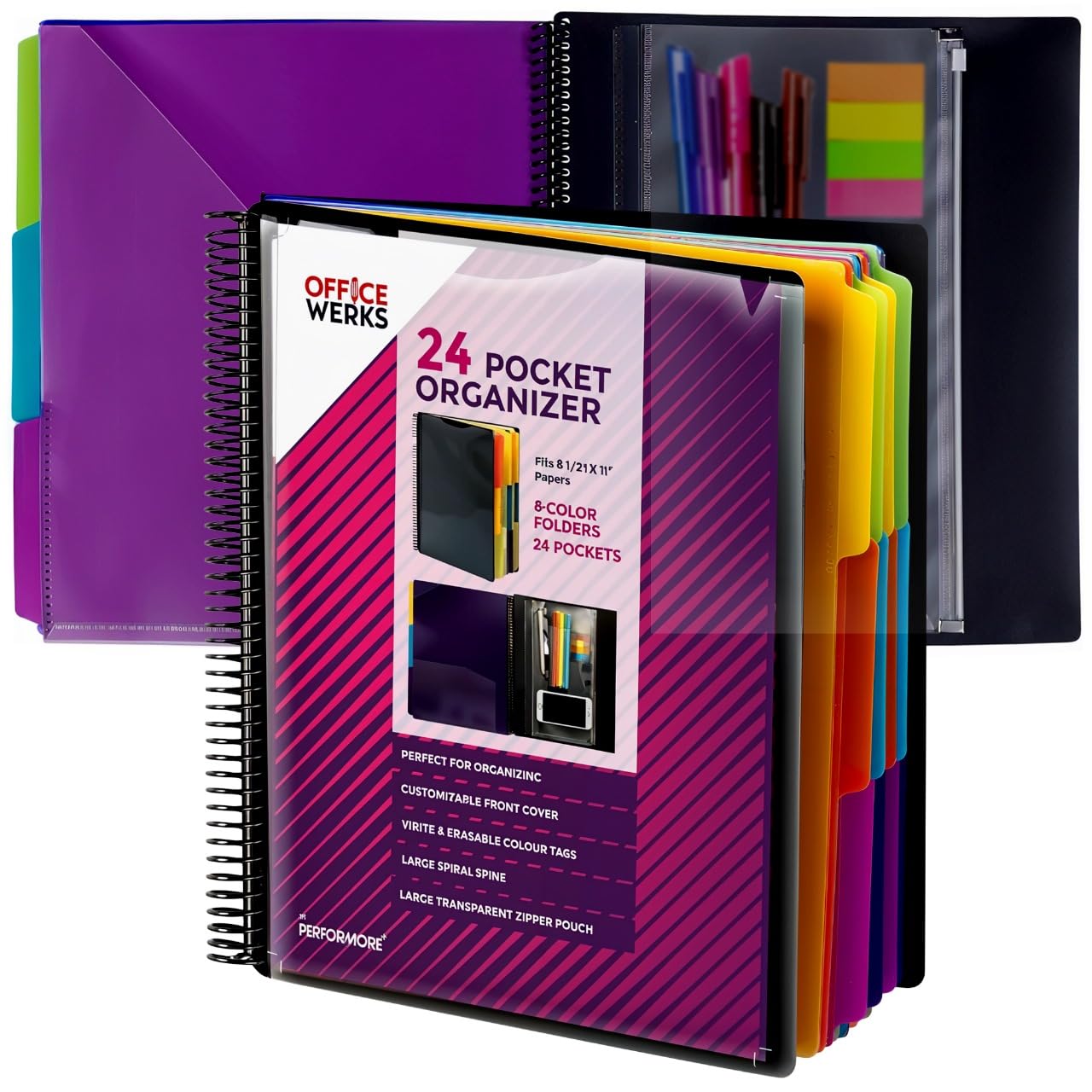 Performore 24 Pocket Spiral Project Organizer with 12 Dividers, Fits 8.5" X 11" Letter Size Papers Folder with Dividers, Front and Back Customizable Covers, Erasable Write On Tabs for Documents Files