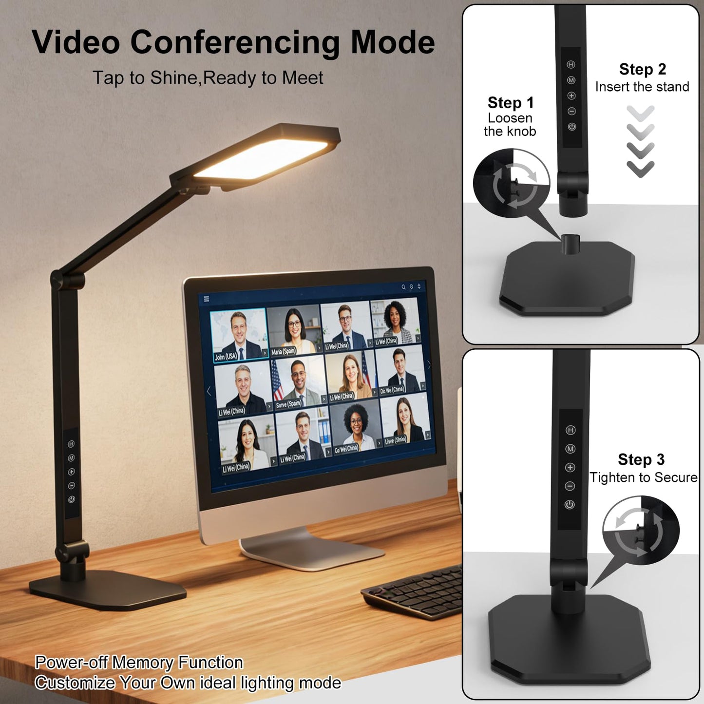 NS Desk Lamp for Home Office, LED Desk Lamp with Webcam Light for Video Calls, Dimmable 3000K-6500K Desk Light with Remote, Timer, Memory, Adjustable Swing Arm, CRI95+