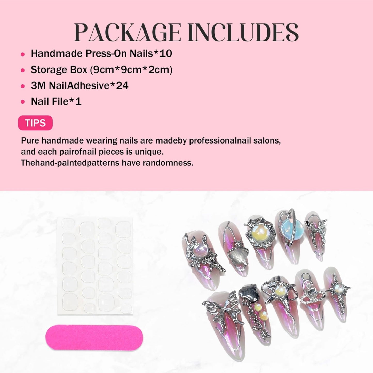 Handmade Press on Nails Long Luxury Reusable Almond Fake Nails with Metallic Butterfly Design 3D Luxury Pink Ombre Acrylic Nails Press Ons Y2k False Nails for Women DIY 10Pcs(Size M)