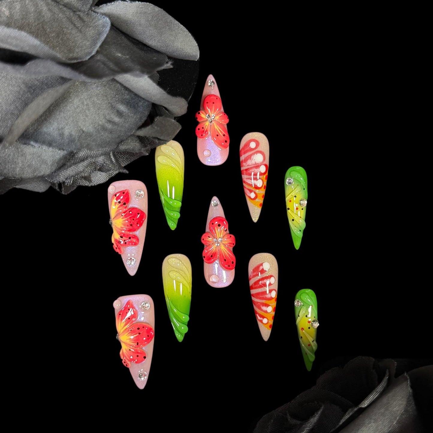 Handmade Press On Nails, Stiletto Shape, 3D Floral Botanical Muse Art, Vibrant Multi-Color Design, Thick Acrylic Fake Nails Set Tropical (L)