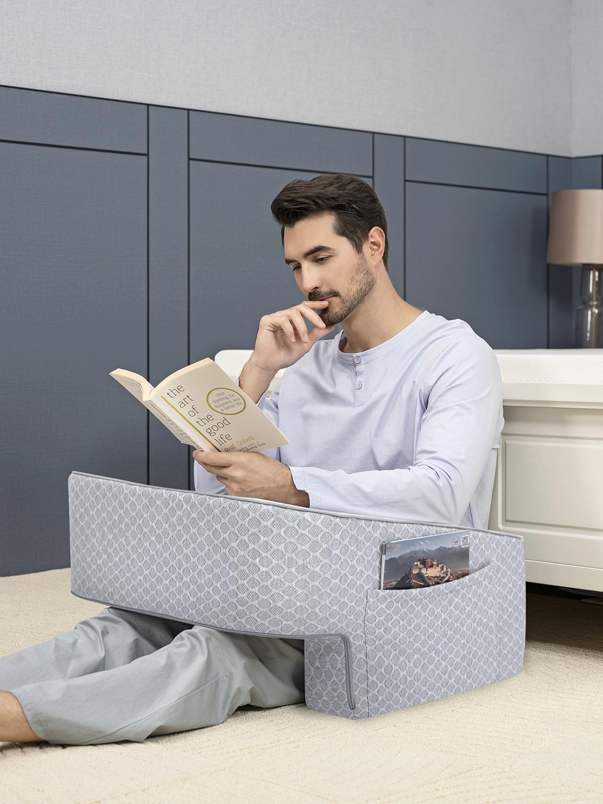 Comfyt Reading Pillow with Foam, Large Lap Desk Pillow with Pocket Arm Rest, Gaming Pillow in Bed and Floor, Sofa Back Support for Sitting Up Relaxation in Bed, with Washable Cover