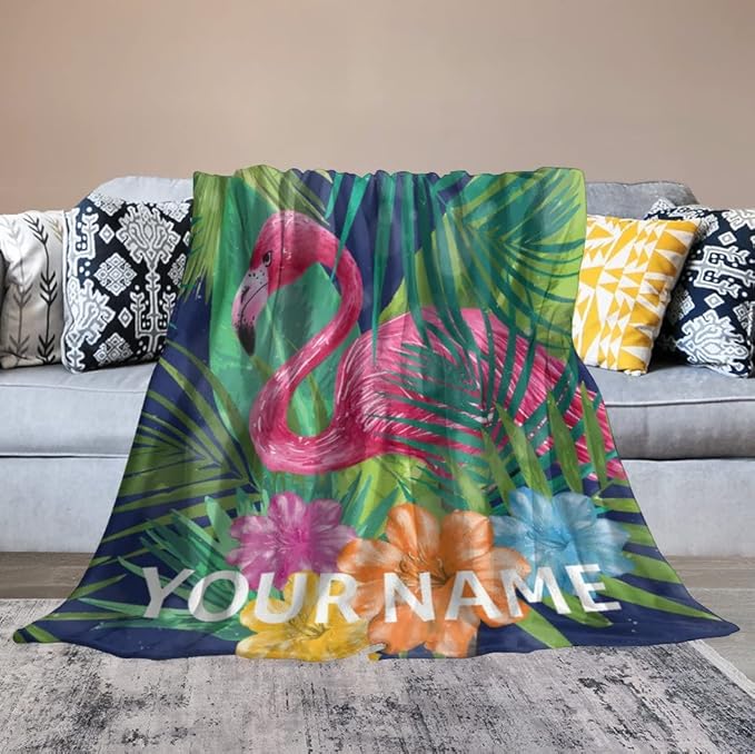 Custom Flamingo Blanket Gifts - 50 x 60 Inches Funny Flamingo Throw - Green Fluffy Warm Cozy Blankets for Sofa