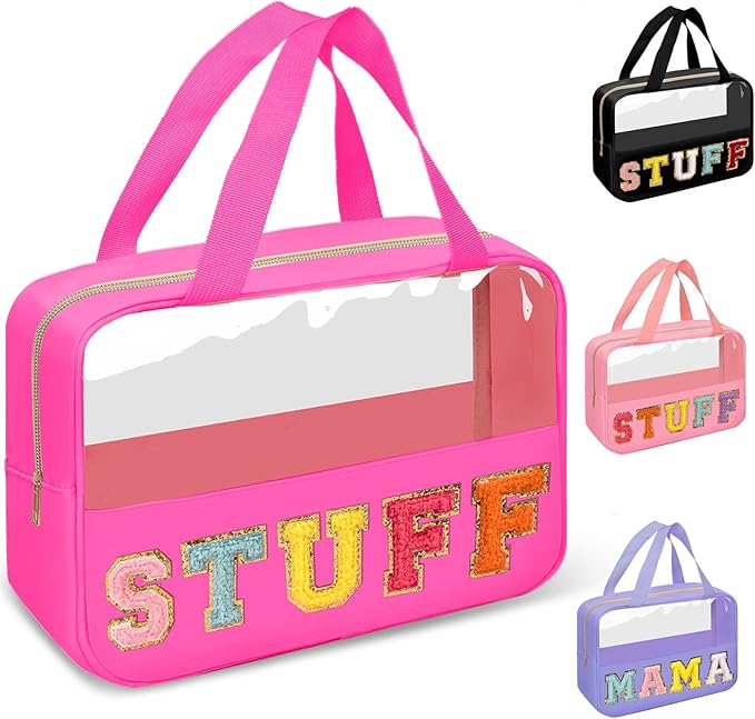 Chenille Letter Clear Makeup Bags Stuff Tote, Preppy Patch Makeup Bag Zipper with Handle, Waterproof PVC & Nylon Portable Glitter Large Cosmetic Travel Toiletry Storage for Women Girls(STUFF-Rose)