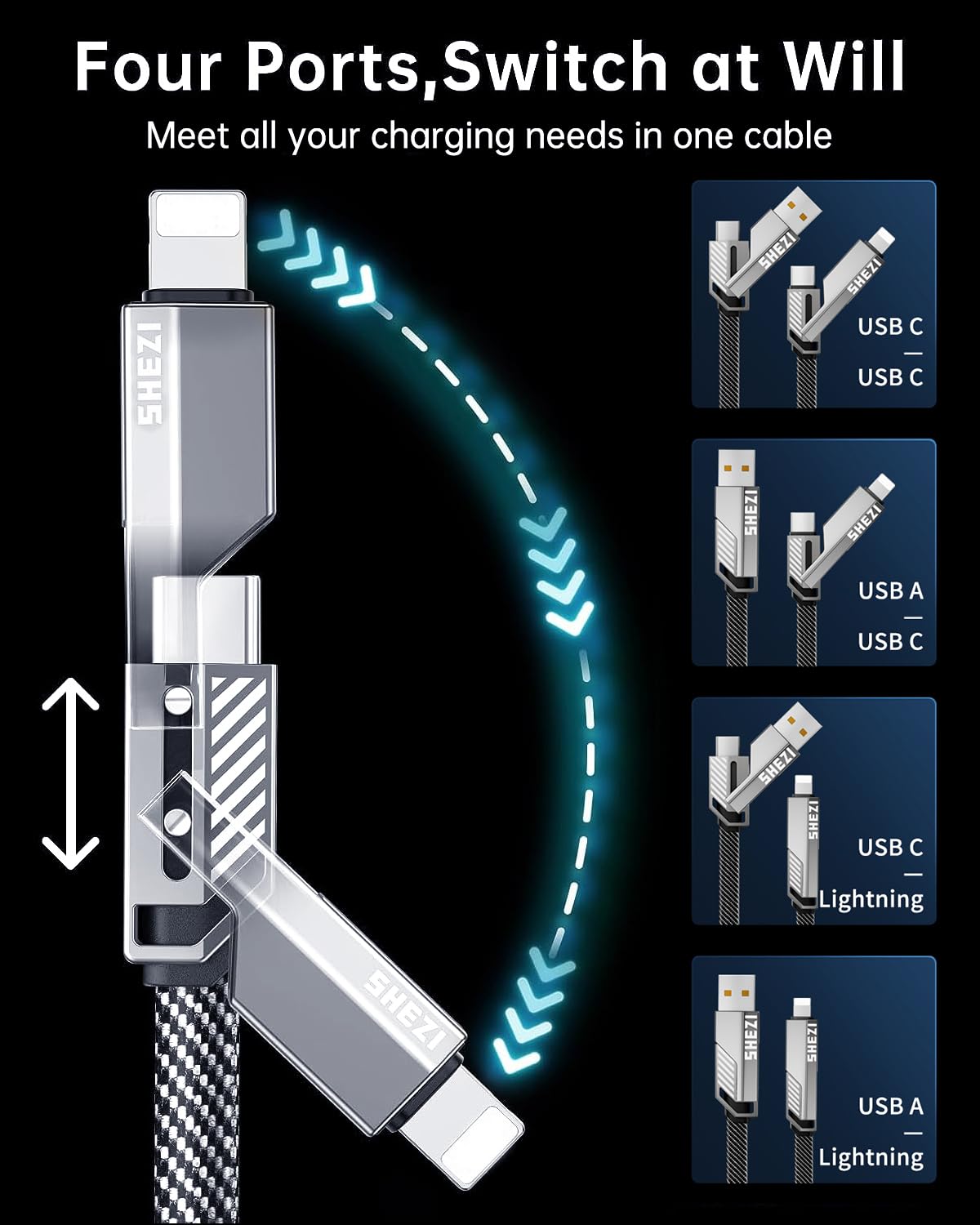 SHEZI [Upgraded 2.0] 4-in-1 USB C Cable 60W 5FT Compatible with Lightning Cable [Fast Charging & Data Transfer] Flat Braided Multi Charger Cord Combo with L/USB C/A Port for iPhone/iPad & All Devices
