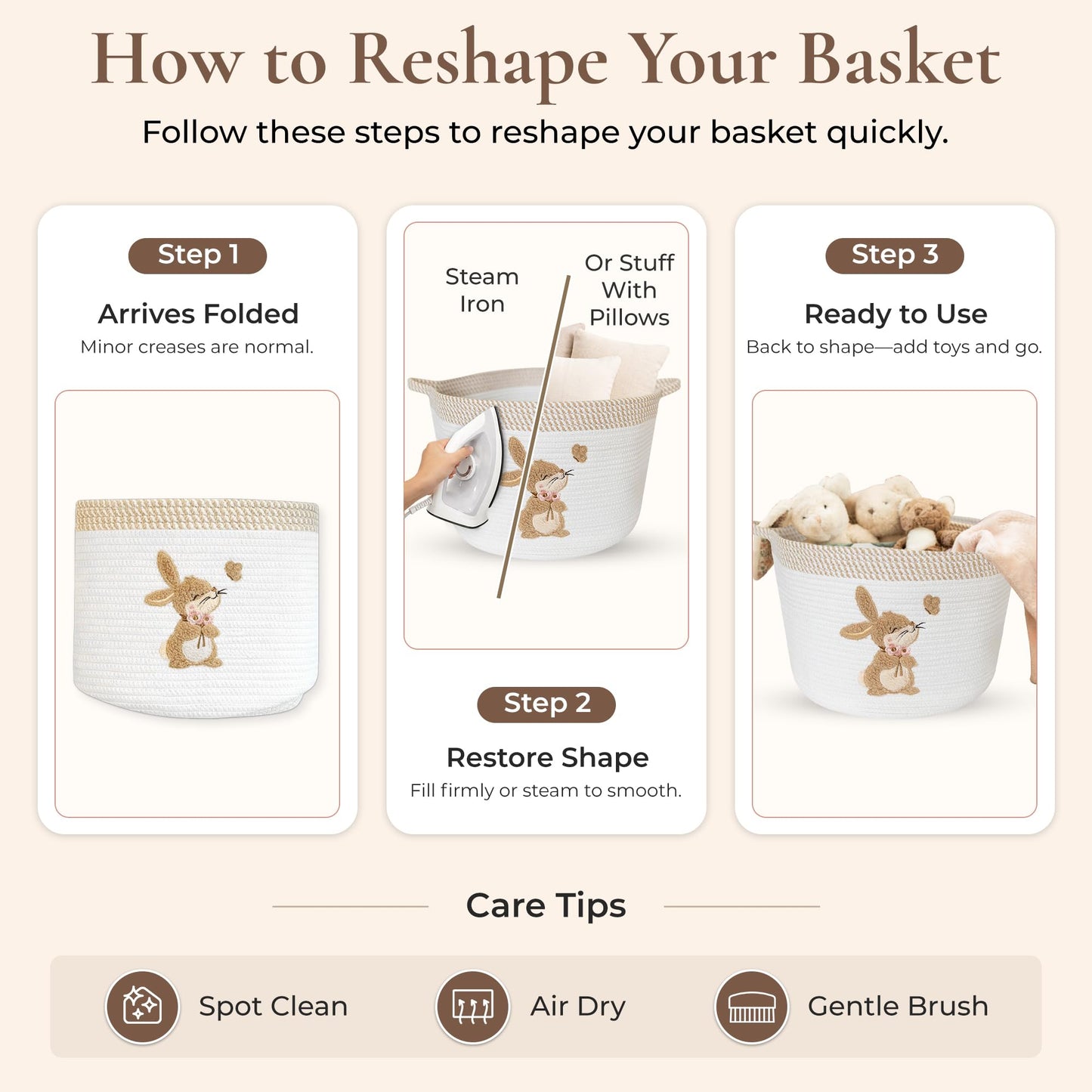 Bunny Storage Basket for Nursery – Large 15"x11" Cotton Rope Bin with Soft Embroidered Bunny Patch – Toy Organizer, Baby Laundry Hamper, Blanket & Diaper Holder – Foldable, Washable & Baby-Safe